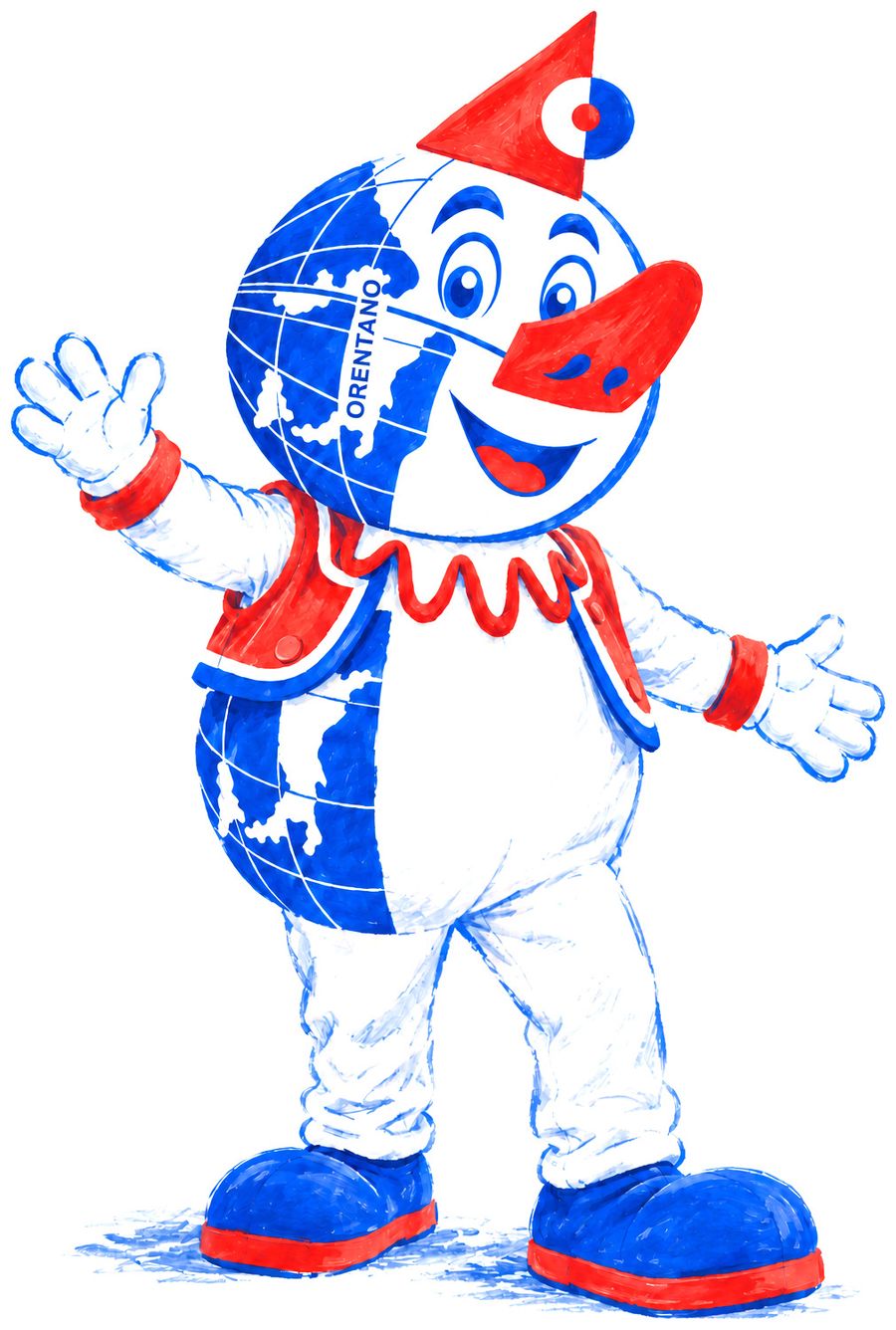 Disegno di Mondino, la mascotte del Carnevale: testa a globo blu, cappello a cono e naso rosso, gilet rosso con la gorgiera, saluta a braccia aperte